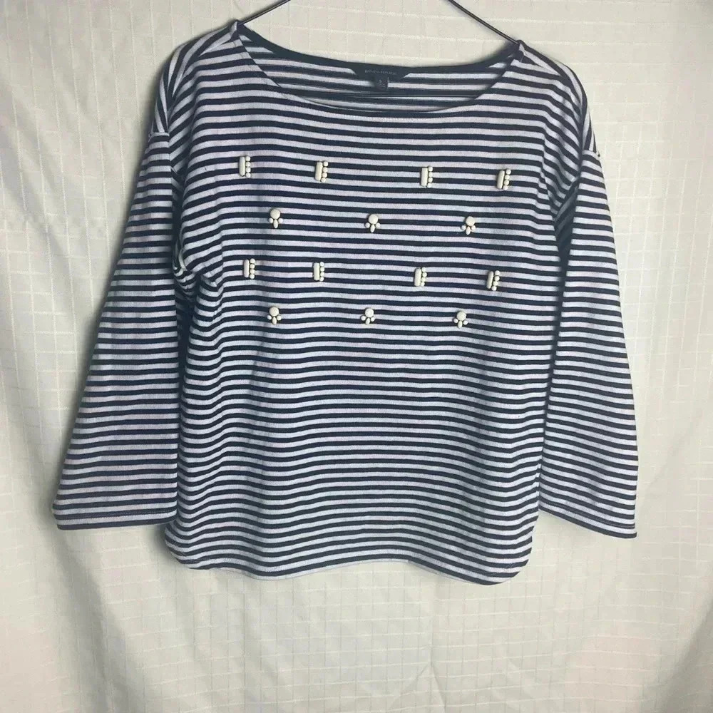 Banana Republic Top Womens S Small Striped 3/4 Sleeve T-Shirt Detailed Stone